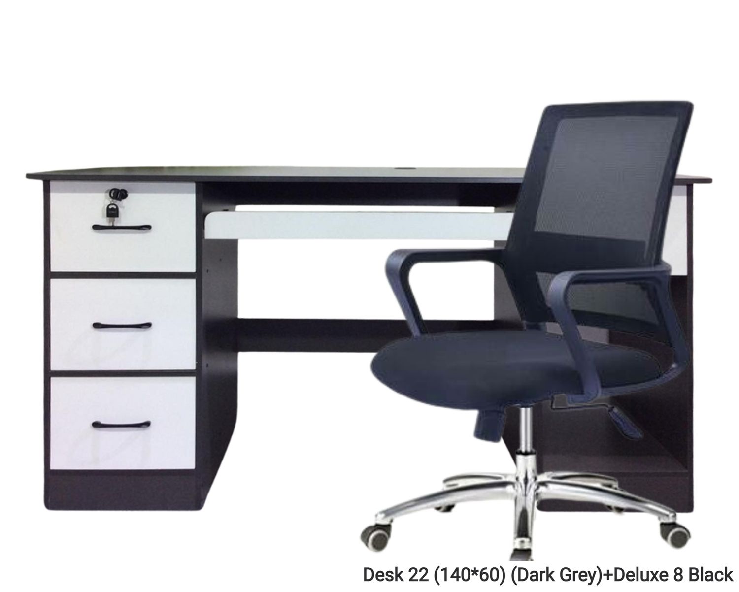 Ofix Desk 22 with Keyboard Holder, 4 Drawers w/ 2 Keys Table &amp; Chair Set (Dark Grey), Desk Model: Desk 22 (140*60) (Dark Grey)+Deluxe 8 Black