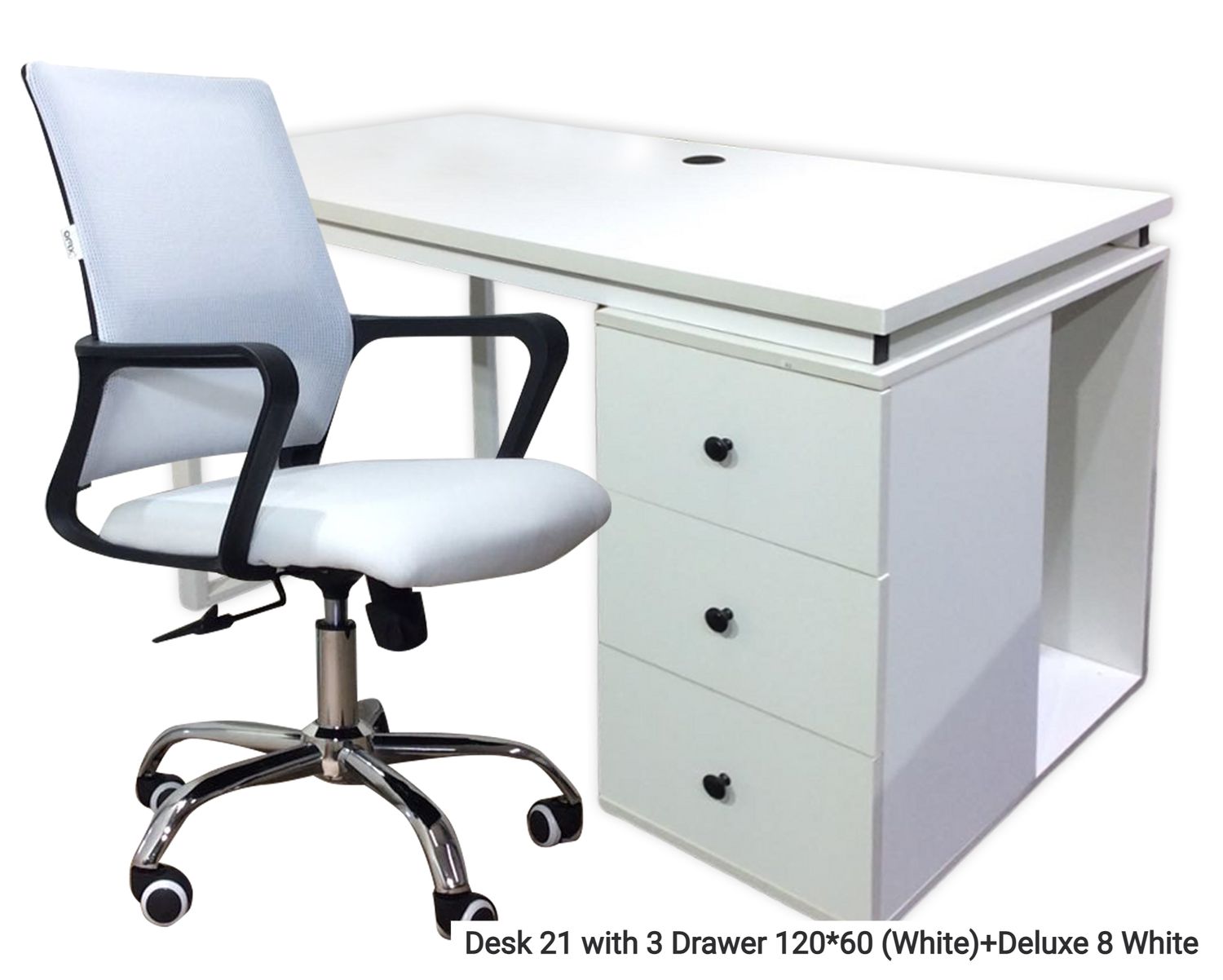Ofix  Desk 21 with 3 Drawer Table &amp; Chair Set  (120*60) (White), Desk Model: Desk 21 with 3 Drawer 120*60 (White)+Deluxe 8 White