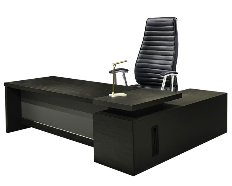 Ofix CEO Dax Executive Desk 180*180 (Black+Oak Grey)+Premium-63 High Back PU Chair (Black) Table &amp; Chair Set