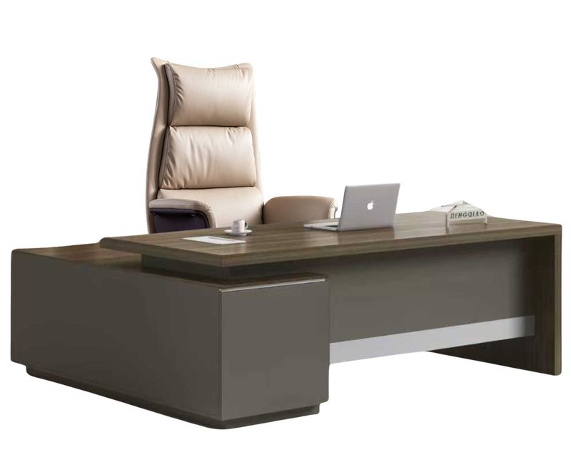 Ofix Monrow Desk Executive Table with Side Cabinet (Ebony Wood+Chocolate) + Premium-42 High Back PU Chair (Beige) Table &amp; Chair Set