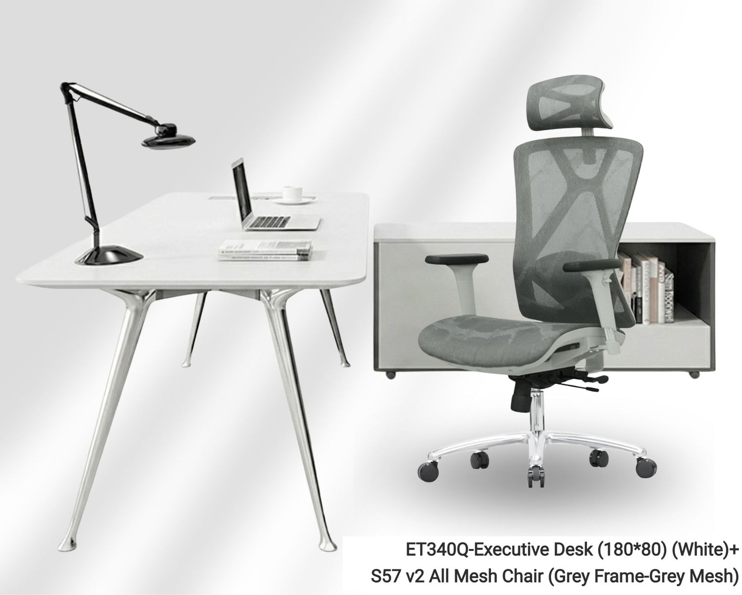 Ofix ET340Q-Executive Desk (180*80) (White)+S57 v2 All Mesh Chair (All Grey) Table &amp; Chair Set, Model: ET340Q-Executive Desk (180*80) (White)+S57 v2 All Mesh Chair (Grey Frame-Grey Mesh)
