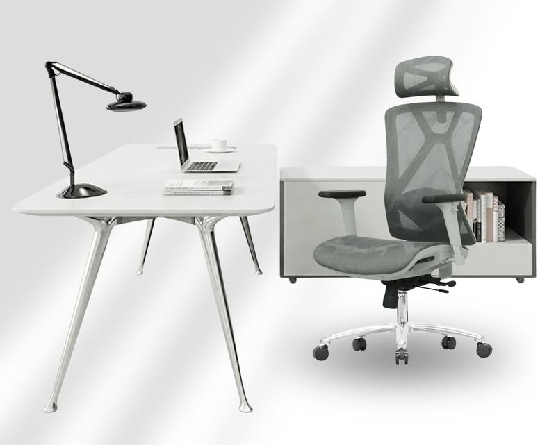 Ofix ET340Q-Executive Desk (180*80) (White)+S57 v2 All Mesh Chair (All Grey) Table &amp; Chair Set