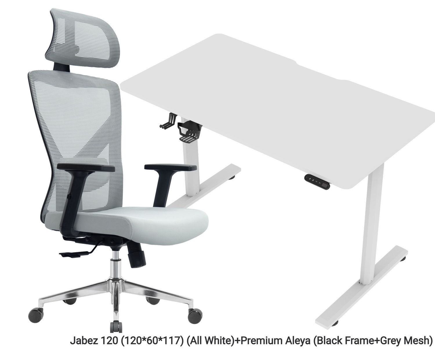 OFX Jabez 120 Electric Height Adjustable Single Motor With Digital Display Controller and Cup Holder (120*60) Gaming Desk &amp; Chair Set (White, Black, Oak White, Walnut), Gaming Desk Option: Jabez 120 (120*60*117) (All White), Chair Option: Premium Aleya (Black Frame+Grey Mesh)