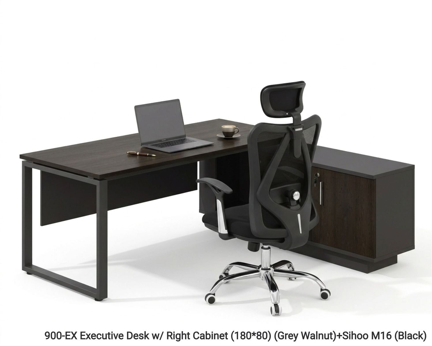 Ofix 900-EX Executive Desk with Side Cabinet+Sihoo M16 Desk &amp; Chair Set, Model: 900-EX Executive Desk w/ Right Cabinet (180*80) (Grey Walnut)+Sihoo M16 (Black)