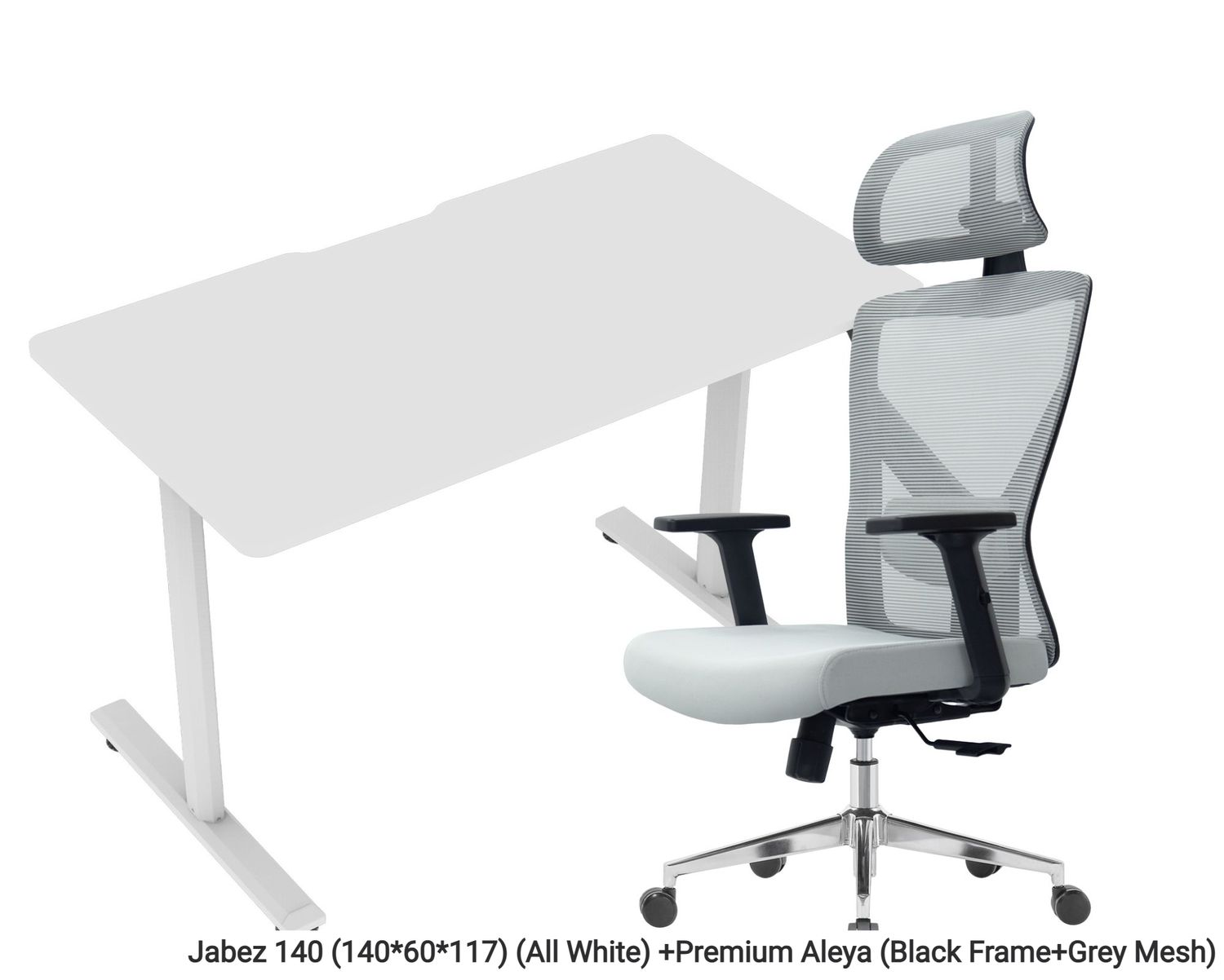 OFX Jabez 140 Office Gaming Electric Height Adjustable Single Motor Desk (140*60)  Gaming Desk &amp; Chair Set (Black, White), Gaming Desk Option: Jabez 140 (140*60*117) (All White), Chair Option: Premium Aleya (Black Frame+Grey Mesh)