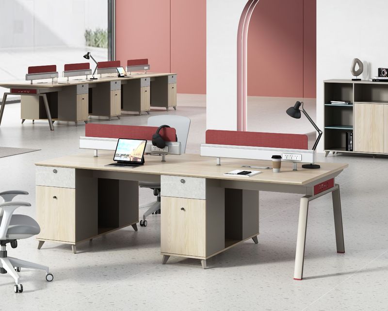 Ofix Kali 4-Seater Workstation Partition Cubicle w/ Drawer (Camphor Wood+Scarlet Red Color)