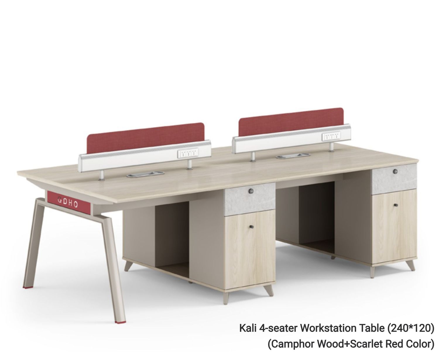 Ofix Kali 4-Seater Workstation Partition Cubicle w/ Drawer (Camphor Wood+Scarlet Red Color), Model: Kali 4-seater Workstation Table (240*120) (Camphor Wood+Scarlet Red Color)