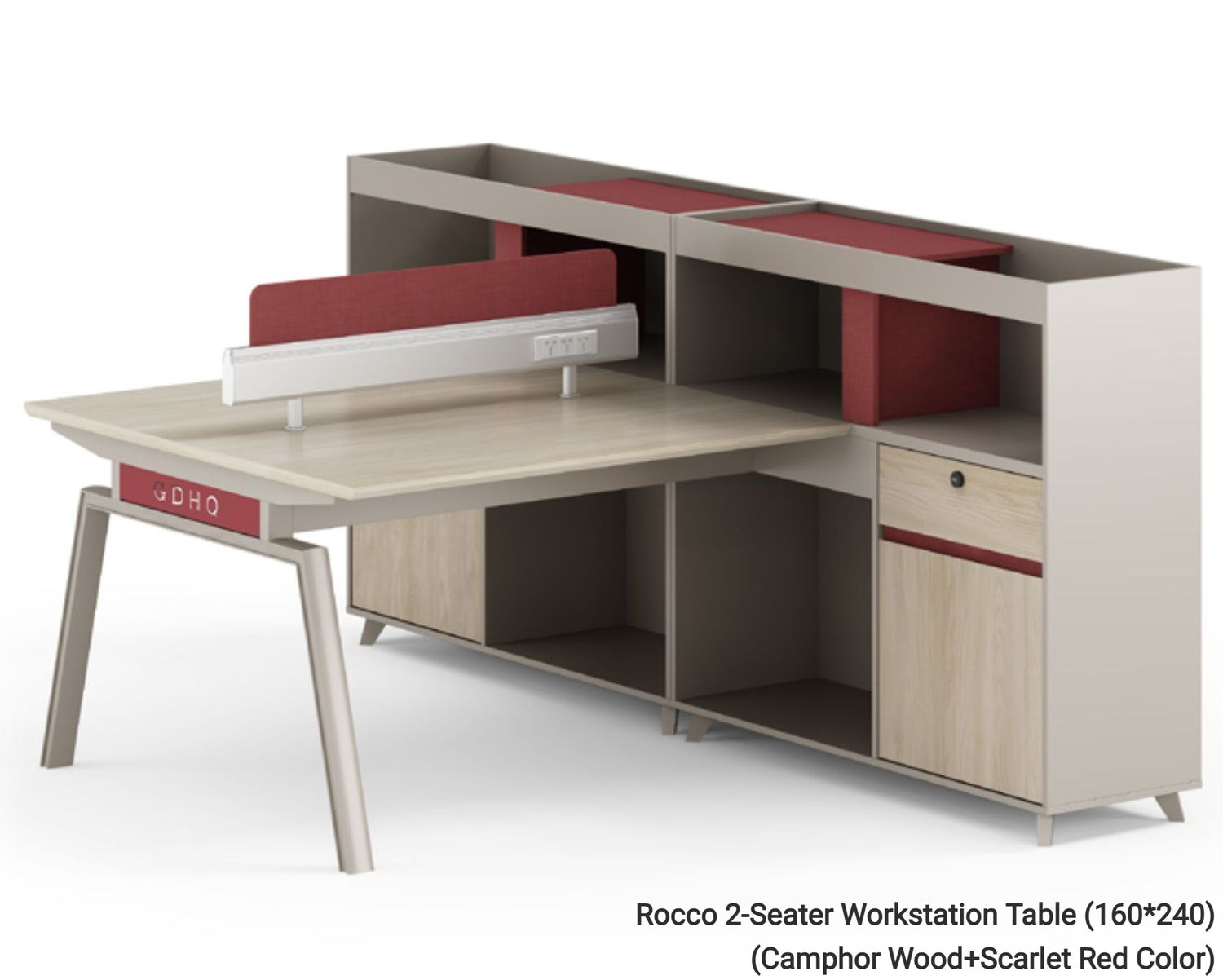 Ofix Rocco 2-Seater Workstation Partition Cubicle w/ Side Cabinet (Camphor Wood+Scarlet Red Color), Model: Rocco 2-Seater Workstation Table (160*240) (Camphor Wood+Scarlet Red Color)