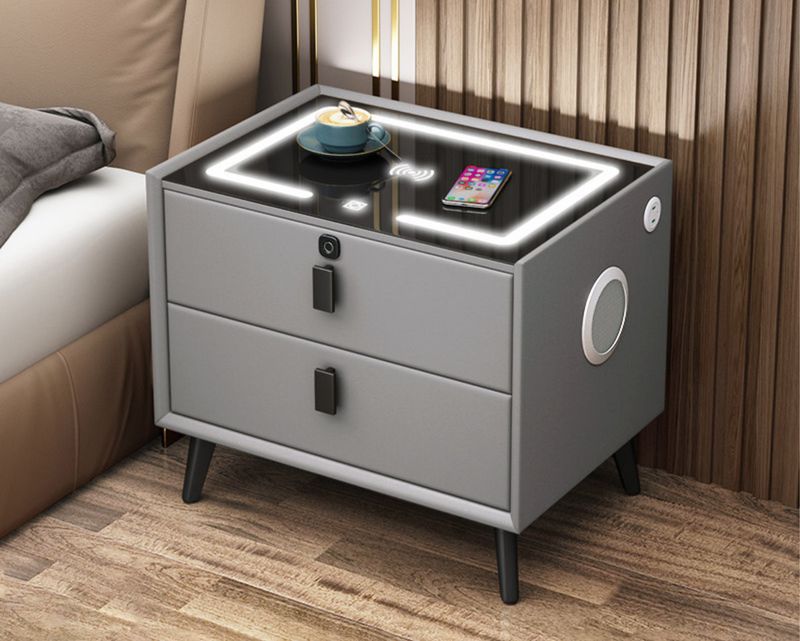 Ofix Tessa Smart Night Stand w/ Fingerprint Lock, Wireless Fast Charging, Three Color LED Light, USB &amp; Type-C Charging Port, Bluetooth Speaker Bedside Drawer