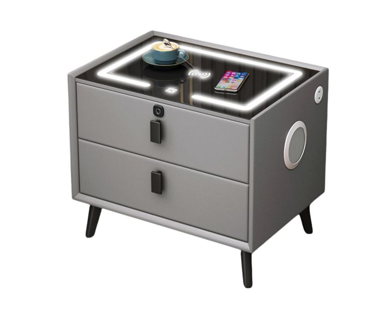 Ofix Tessa Smart Night Stand w/ Fingerprint Lock, Wireless Fast Charging, Three Color LED Light, USB &amp; Type-C Charging Port, Bluetooth Speaker Bedside Drawer