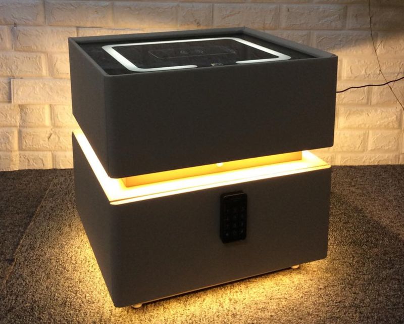 Ofix Torin Smart Bedside Table, Passcode Lock, Sensor Light, Three Color LED Light, Wireless Charging &amp; USB Charging Port (Light Khaki)