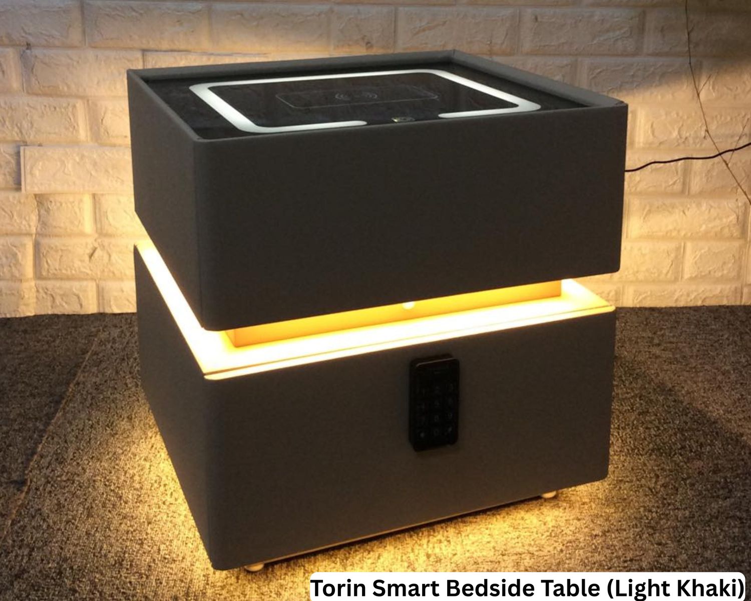 Ofix Torin Smart Bedside Table, Passcode Lock, Sensor Light, Three Color LED Light, Wireless Charging &amp; USB Charging Port (Light Khaki), Model: Torin Smart Bedside Table (Light Khaki)