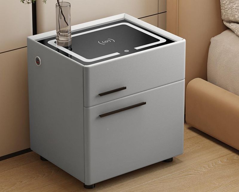 Ofix Nova Smart Bedside Table w/ Hidden Safe, Three Color LED Light, USB Charging &amp; Wireless Charging (Light Gray)