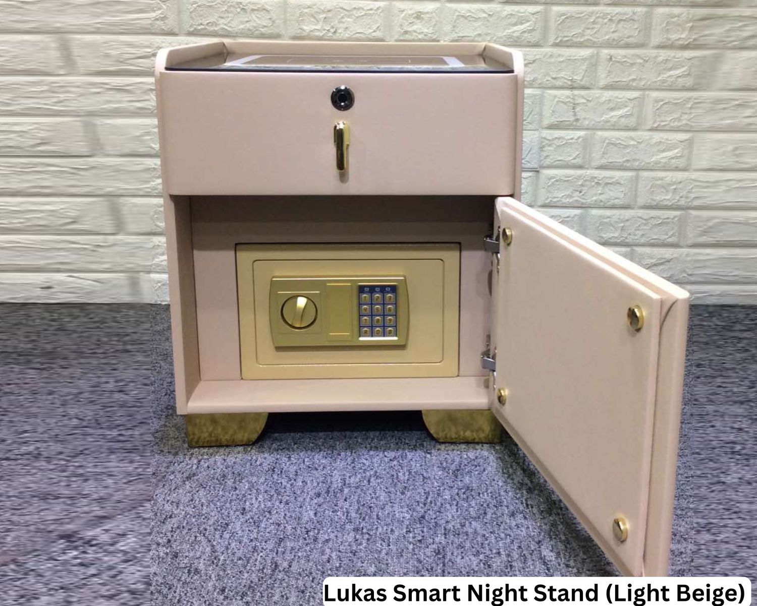 Ofix Lukas Anti-Theft Smart Multi-functional Nightstand w/ Hidden Safe &amp; Fingerprint Lock, Three Color LED Light, Wireless Charging &amp; USB Charging Port Bedside Drawer, Model: Lukas Smart Night Stand (Light Beige)