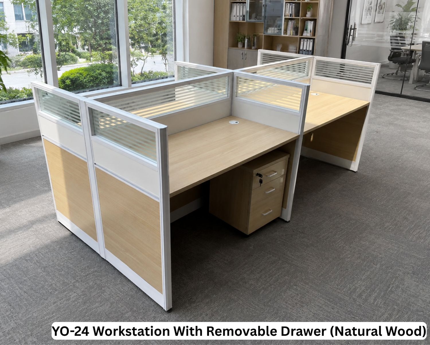Ofix YO-24 4-Seater Workstation With Removable Drawer (Natural Wood)  (Chair is Not Included), Model: YO-24 Workstation With Removable Drawer (Natural Wood)