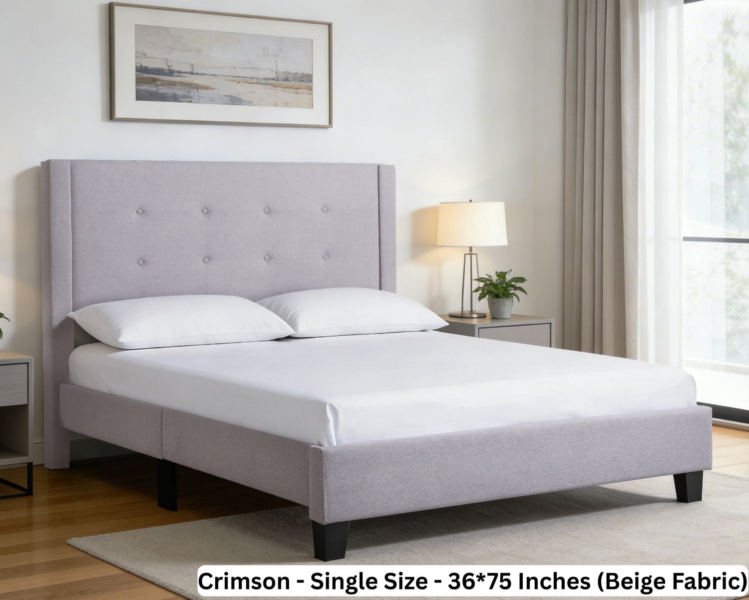 Ofix Crimson Fabric/ Crimson PU Leather Upholstered Bed Frame (Single Double, Queen, King) (Grey, Beige) (up to 10 inches Height Mattress), Bed Frame Size: Crimson - Single Size - 36*75 Inches (Beige Fabric)