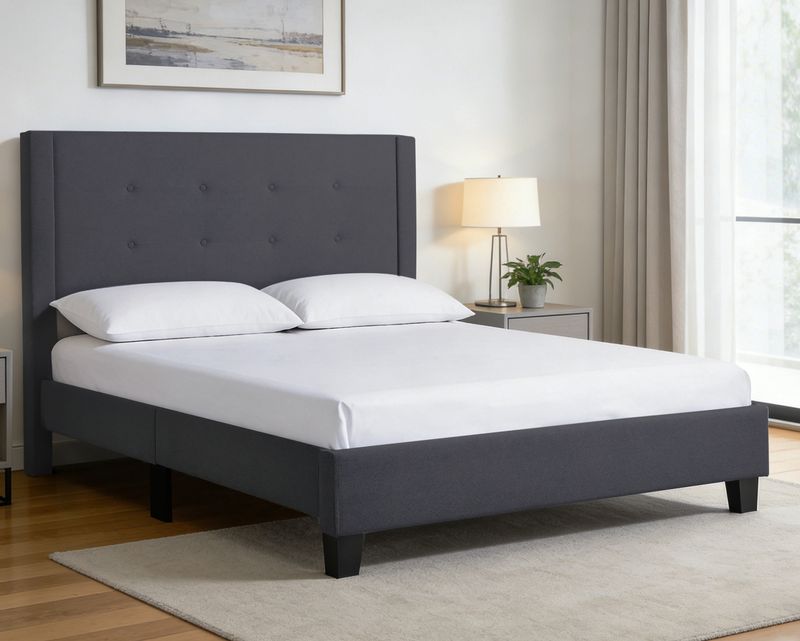 Ofix Crimson Fabric/ Crimson PU Leather Upholstered Bed Frame (Single Double, Queen, King) (Grey, Beige) (up to 10 inches Height Mattress)