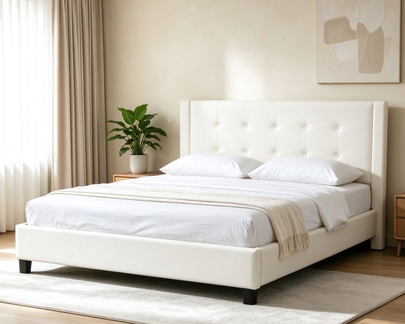Ofix Crimson Fabric/ Crimson PU Leather Upholstered Bed Frame (Single Double, Queen, King) (Grey, Beige) (up to 10 inches Height Mattress)