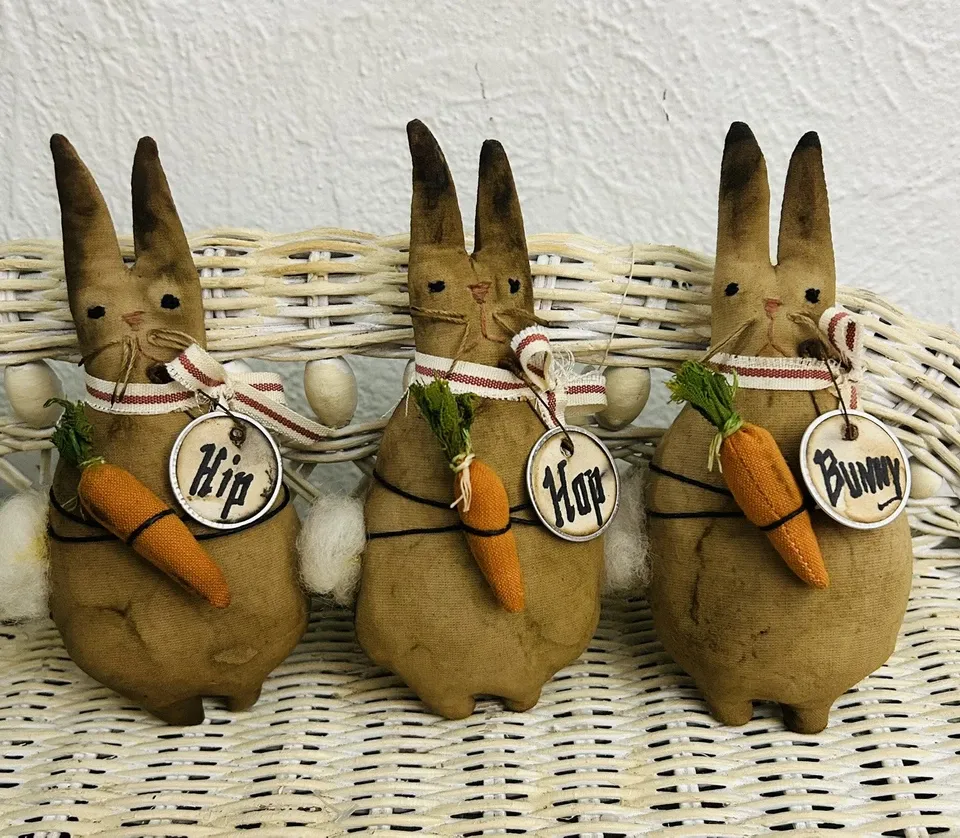 Handmade Primitive Springtime Garden Easter Bunny Ornies/Bowl Fillers Set (3)
