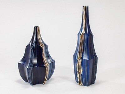Ceramic Bud Vase, Gold & Blues