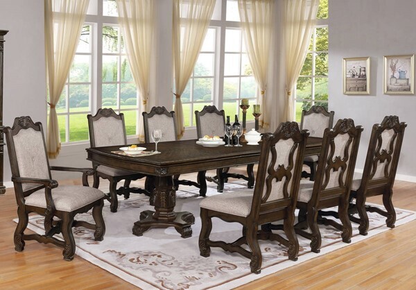 9 pc Renaissance Dining Room Set, Light Beige Upholstery