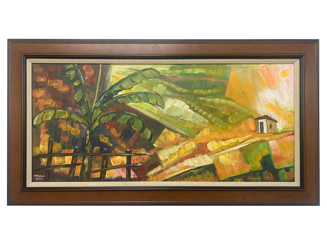 15.74&quot; x 33.46&quot; | Unique Painting by Nahshon, &quot;Little House in View&quot;, Framed, Acrylic on Canvas