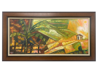 15.74&quot; x 33.46&quot; | Unique Painting by Nahshon, &quot;Little House in View&quot;, Framed, Acrylic on Canvas