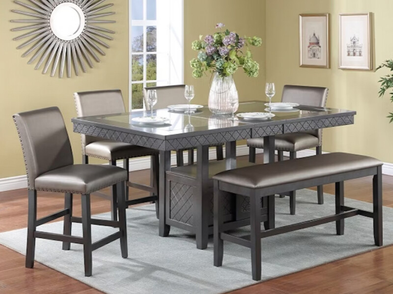 6 pc Majestic Bench Dining Room Set, Grey Upholstery