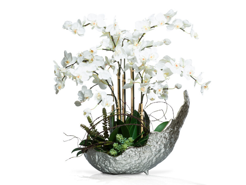 Silk-Lifelike Lant, White Orchid, Phal In Large Silver Bowl, Arrangement, White &amp; Green