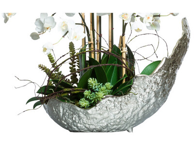 Silk-Lifelike Lant, White Orchid, Phal In Large Silver Bowl, Arrangement, White &amp; Green