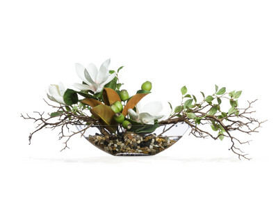 Silk-Lifelike Plant, Tree Magnolia, Arrangement, White, Green & Brown