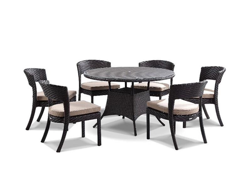 7 Pc Rattan Round Patio Dining Table with SQ Chairs, Beige Upholstery