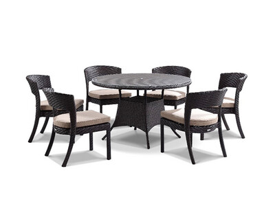 7 Pc, Rattan Round Patio Dining Table with SQ Chairs, Beige