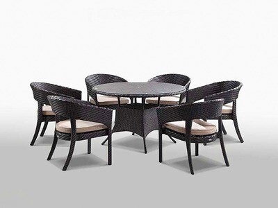 7 Pc, Rattan Round Patio Dining Table with Chairs, Beige