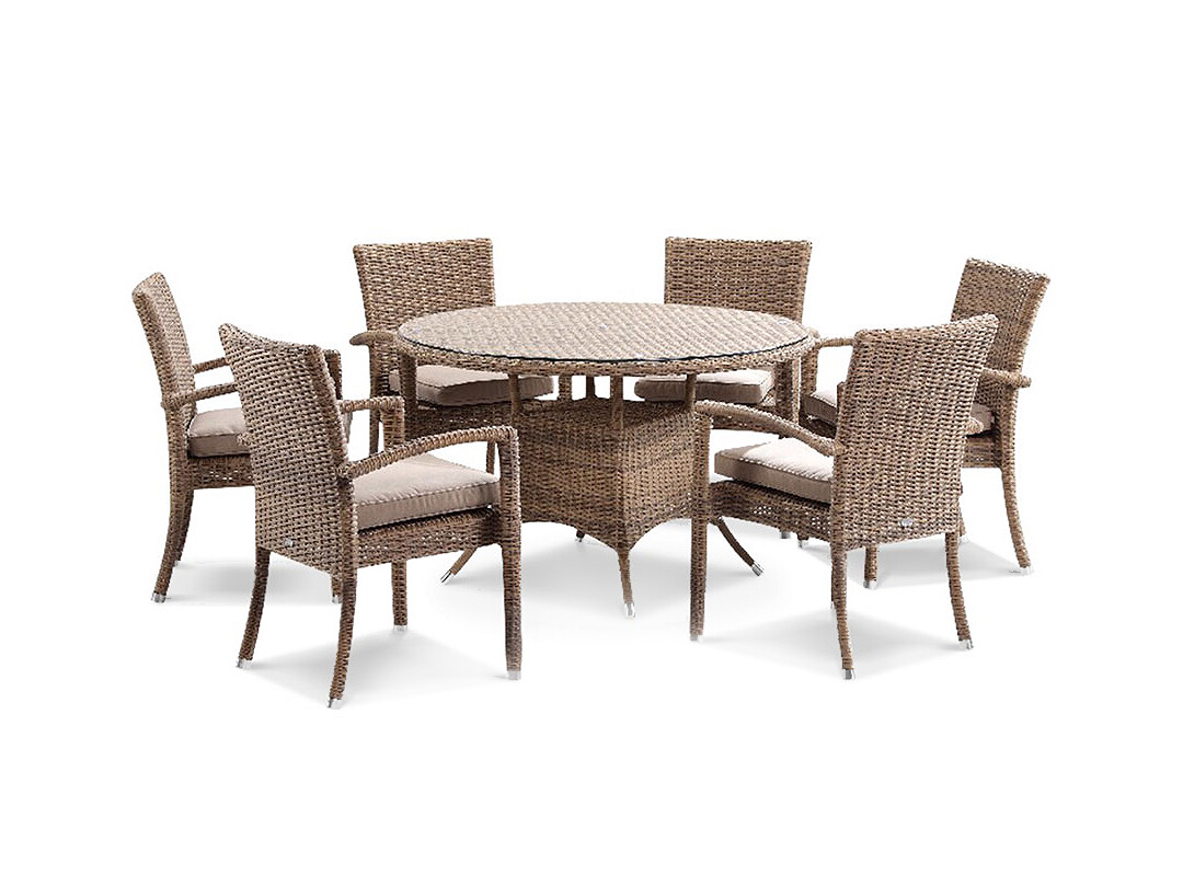 7 Pc, Light Rattan Round Patio Dining Table with SQ Chairs, Beige