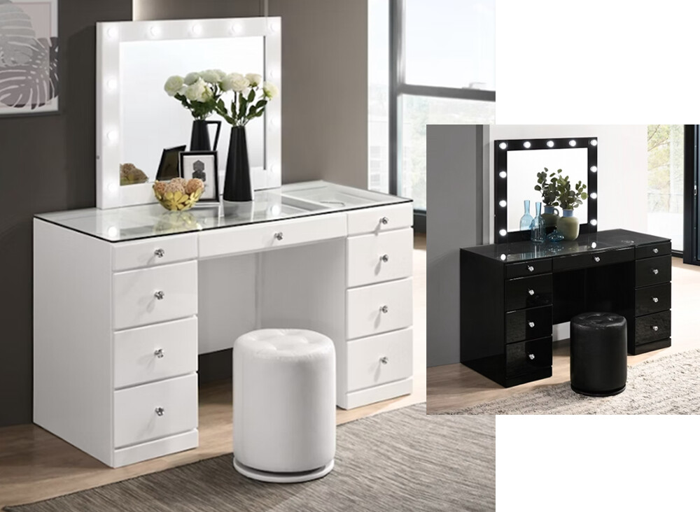 9-Drawer, Desk/Vanity Tables with Stool, Black or White 9-Drawer, Desk/Vanity Tables with Stool, Black or White