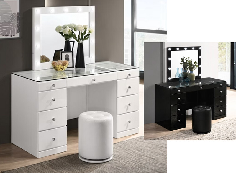 9-Drawer, Desk/Vanity Tables with Stool, Black or White