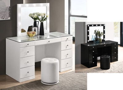 9-Drawer, Desk/Vanity Tables with Stool, Black or White