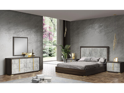 Wenge Veneer King Bed, Grey & Brown Marble Design