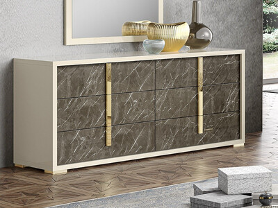 Gold Accent 6-Drawer Dresser With Mirror , Brown &amp; Cream Marble