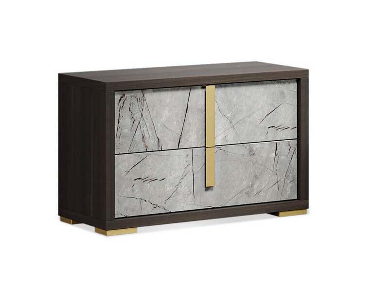 Wenge Veneer 2-Drawer Nightstand, Grey &amp; Brown Marble Design