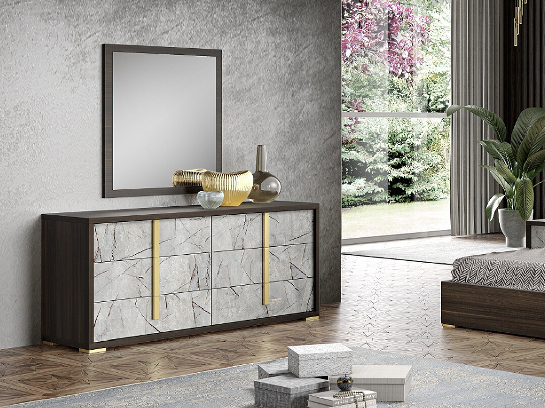 Wenge Veneer 6-Drawer Dresser with Mirror, Grey & Brown Marble Design