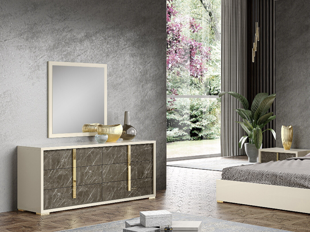 Gold Accent 6-Drawer Dresser With Mirror , Brown & Cream Marble
