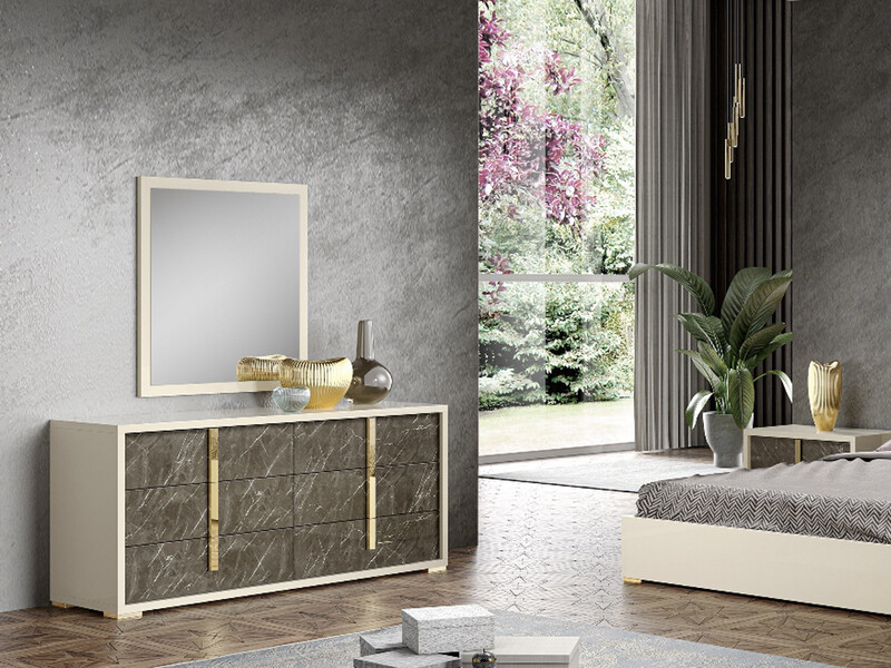 Gold Accent 6-Drawer Dresser With Mirror , Brown &amp; Cream Marble