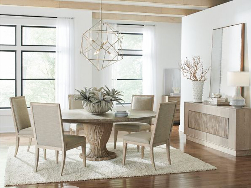 6 pc Natural Wood Round Dining Set, Off-white Upholstery