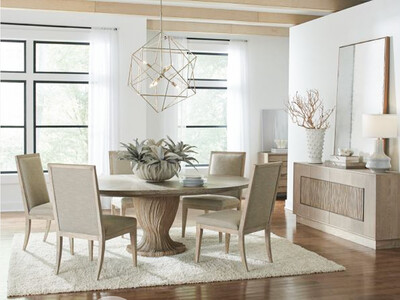 6 pc Natural Wood Round Dining Set, Off-white Upholstery