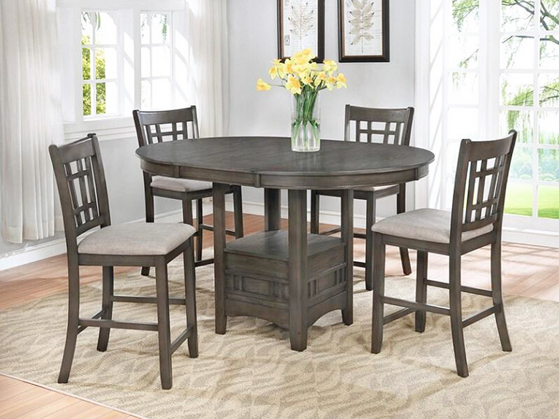 5 pc Counter Height Dining Set, Wood, Beige Upholstery