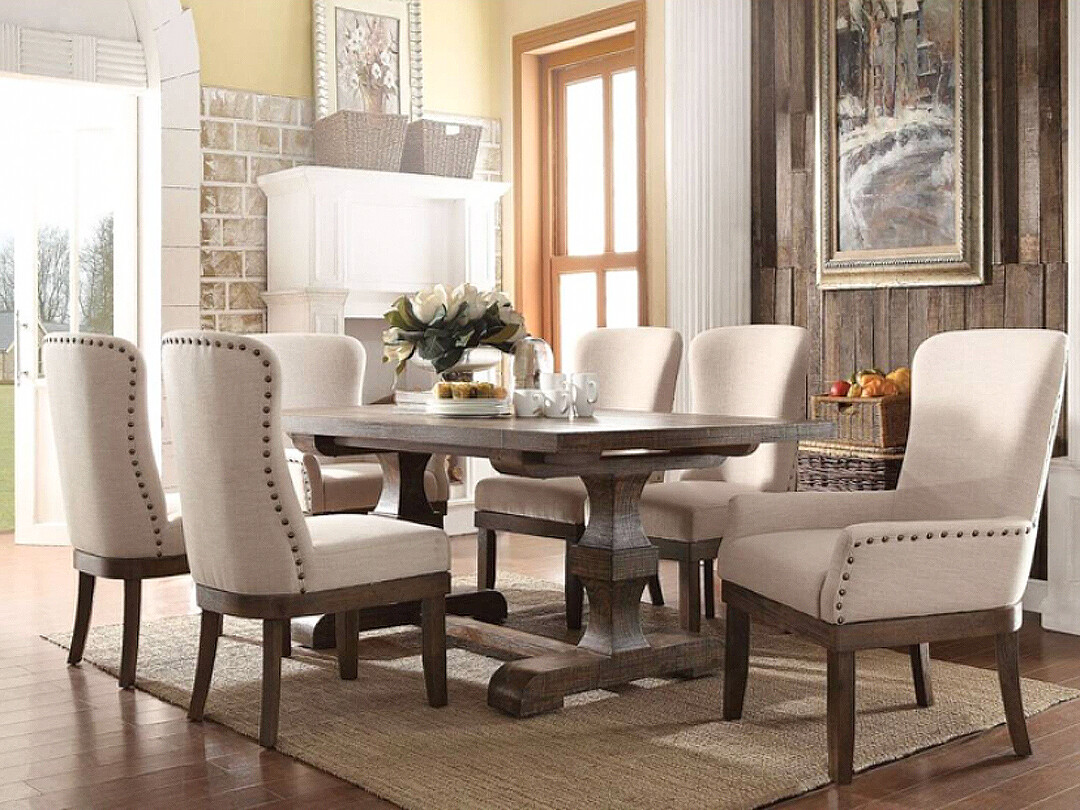 7pc Counter Height Dining Set, Wood, Beige Upholstery