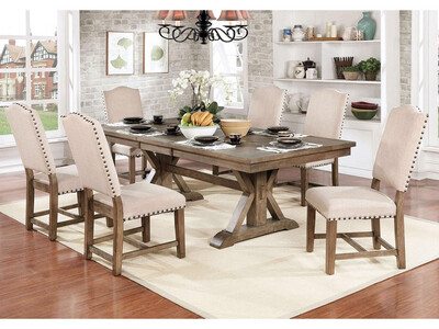 7 pc Dining Set, Wood, Beige Upholstery