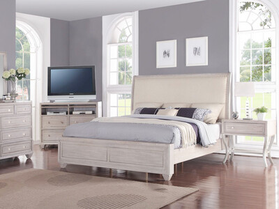 Upholstered King/Queen Bed, Whitewash Finish